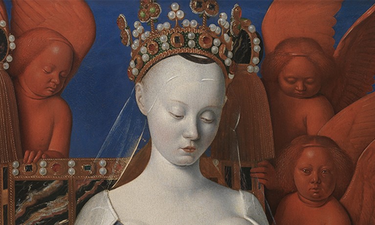 Painting of a person wearing a crown surrounded by three red people 