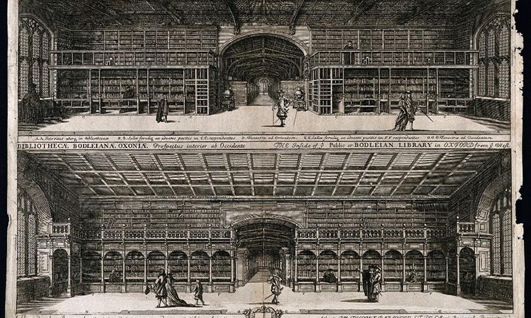 Bodleian Library, Oxford: two panoramic views of the interior and a key