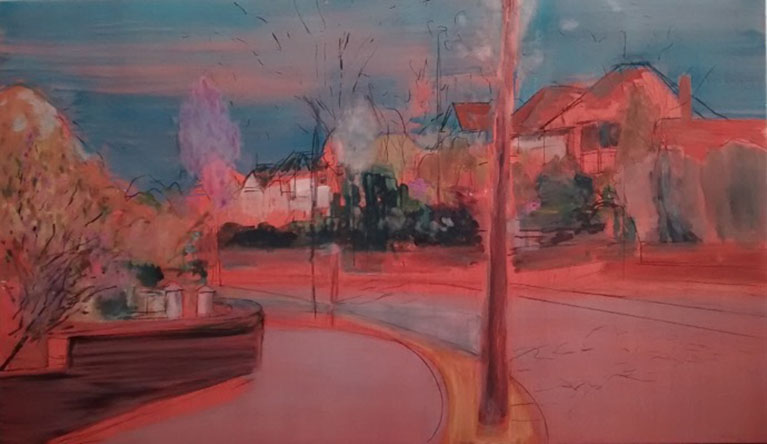 Suburb work in progress. 2019. Acrylic and oil on canvas, 140 x 244 cm.