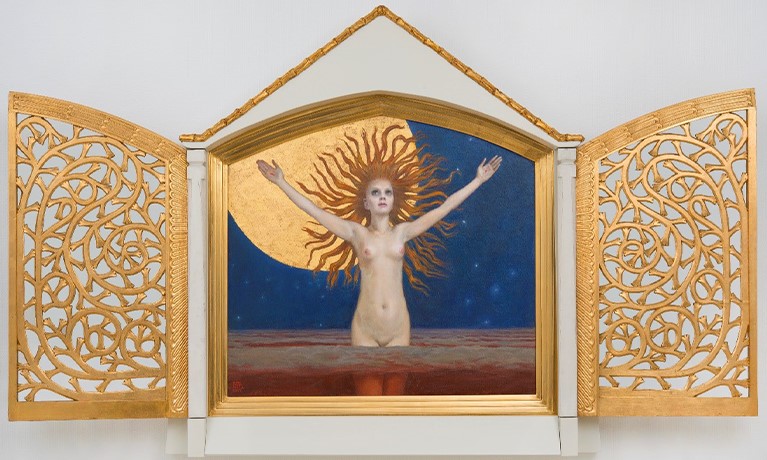 painting of a woman with her arms up in an open golden frame hanging on a wall