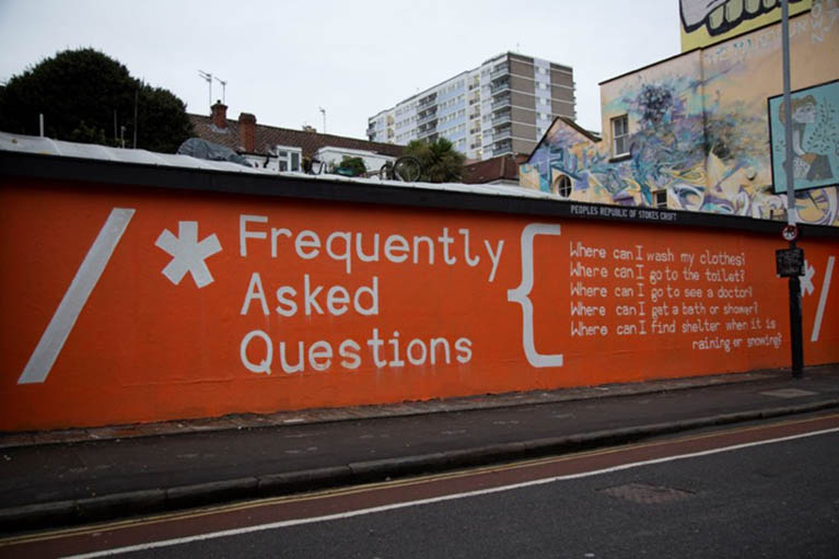 Installation of Frequently Asked Questions at People’s Republic of Stokes Croft, Bristol, 27 November to 12 December 2015