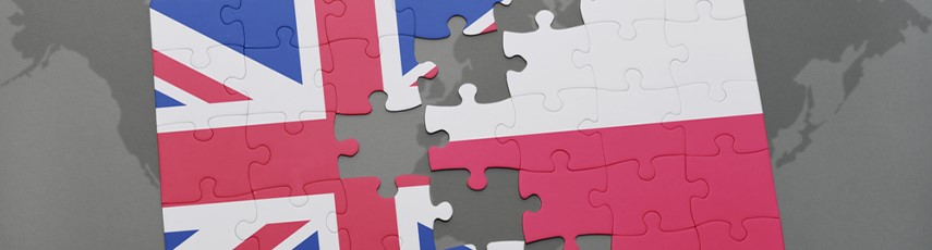 A British flag and a Polish flag combined in a jigsaw puzzle with a few missing pieces