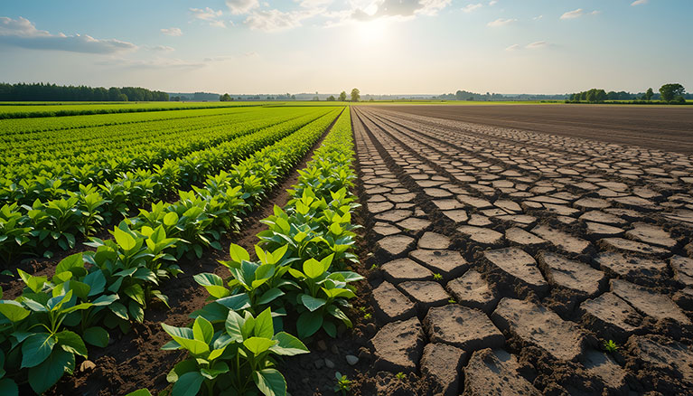 A panoramic view of fields, on the left a vibrant green and flourishing crops and on the right a barren cracked soil and wilted plants