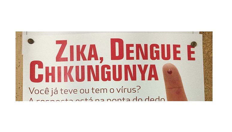 The words ZIKA, DENGUE E CHIKUNGUNYA poster on a poster on a noticeboard