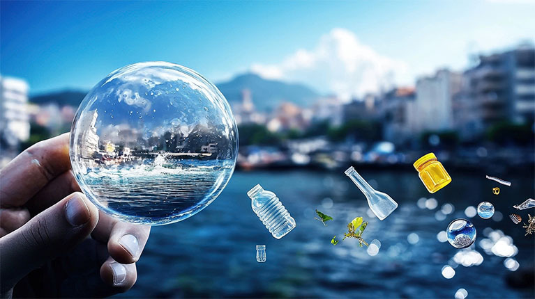 Hand Holding Glass Bubble Reflecting Nature and Plastic Pollution