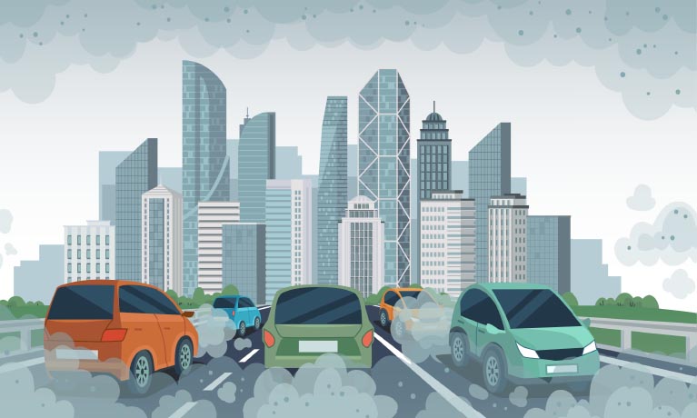 Illustration of cars on road with tall buildings in background.