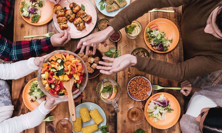 Overhead view of table of food.