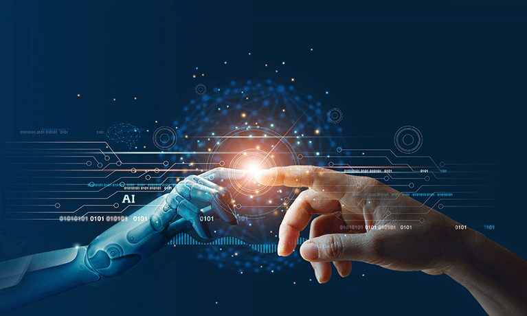 AI concept with human hand touching robot hand