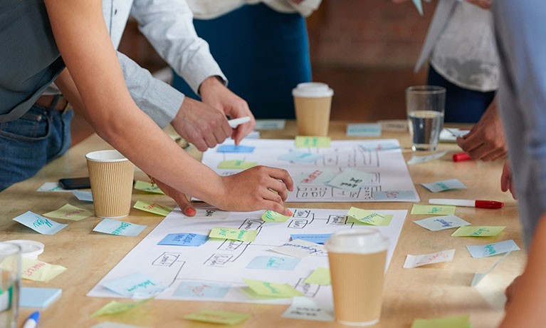 People putting post-it notes on a mindmap