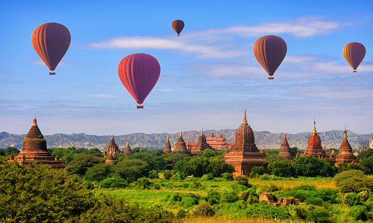 Myanmar hot air balloons in the sky.