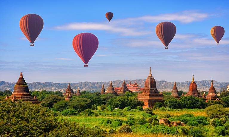Myanmar hot air balloons in the sky.
