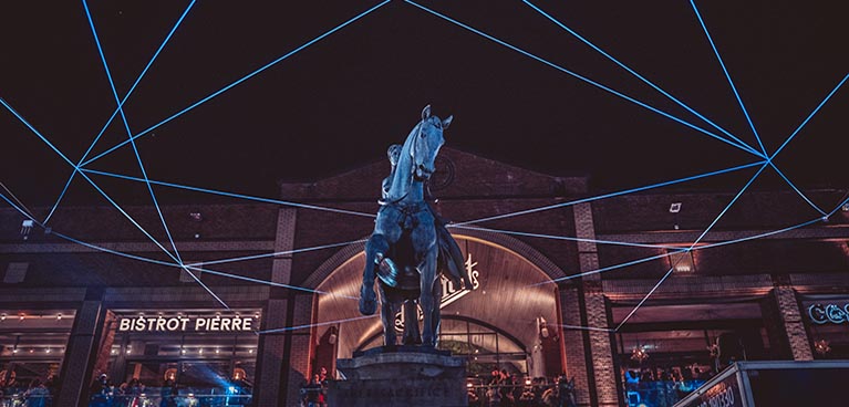 The lady Godiva statue at night in Coventry City Centre