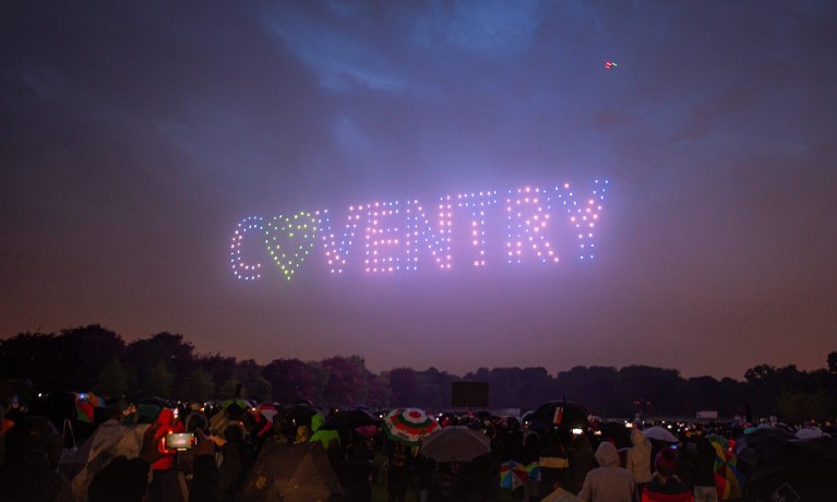 Coventry spelled out in drone lights over the city skyline