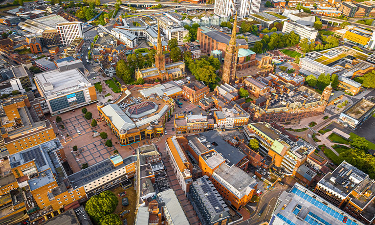 Birds eye view of Coventry city centre