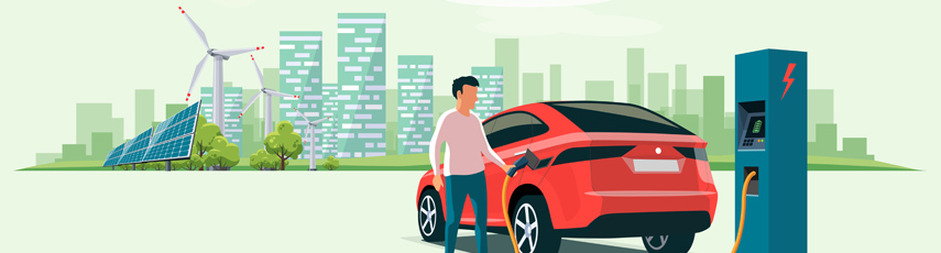 Cartoon photo of man charging red electric car at charging point, with city landscape in the background.