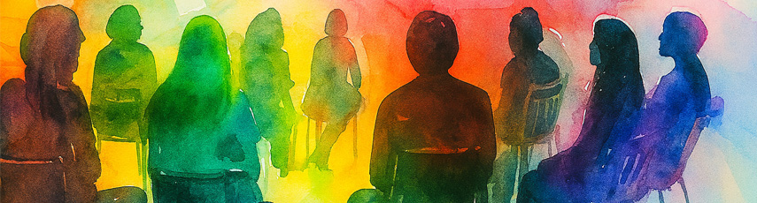 Abstract image of a group of people sat around in a circle circle