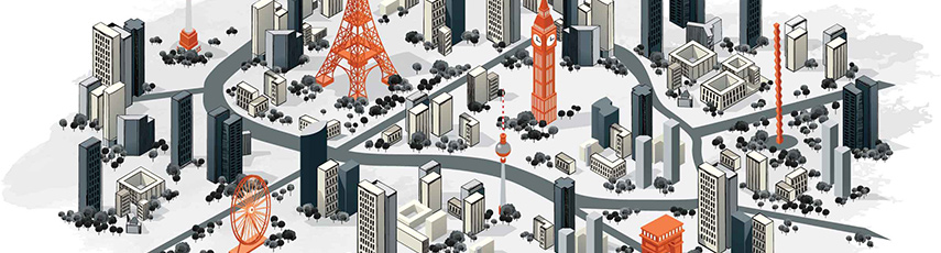 Illustration of a city showing buildings and landmarks