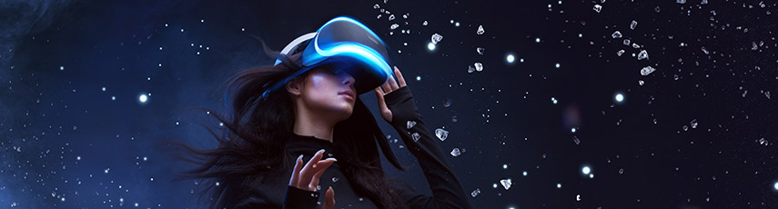 a woman wears a virtual reality headset in space