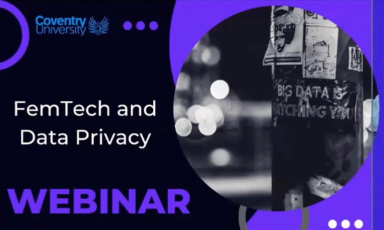 'Femtech and Data Privacy Webinar' written alongside a lamp post with a sign stuck on it reading 'no data collection'
