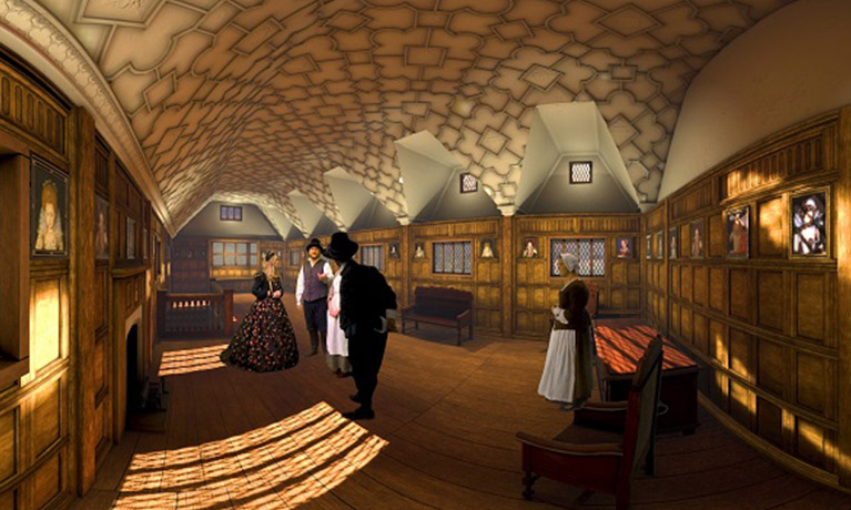 A virtual reality image of an Elizabethan home, included people in costume