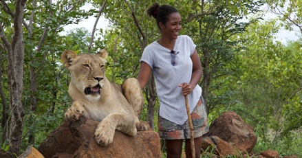 Petra sanding next to a lion and smiling