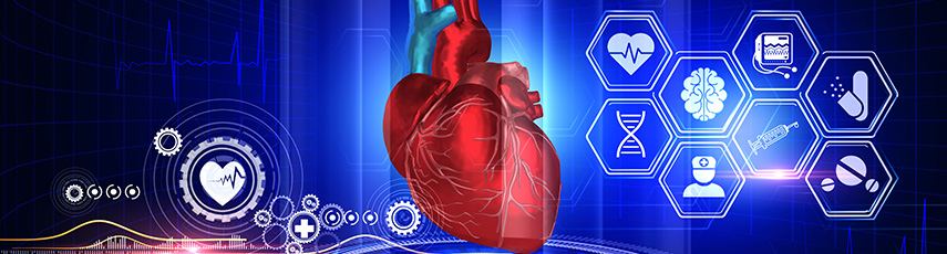 Virtual reality 3D illustration showing rotating heart model with medical icons overlayed