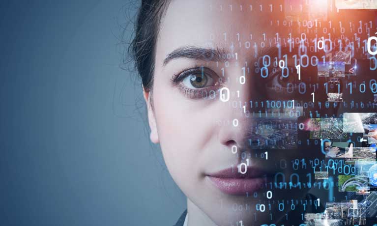Close up a womans face with coding in the background