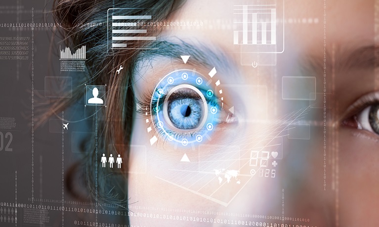 woman's eye magnified with artificial intelligence abstract 