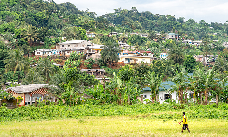 Man walking along a field with palm trees and houses behind on a hill.