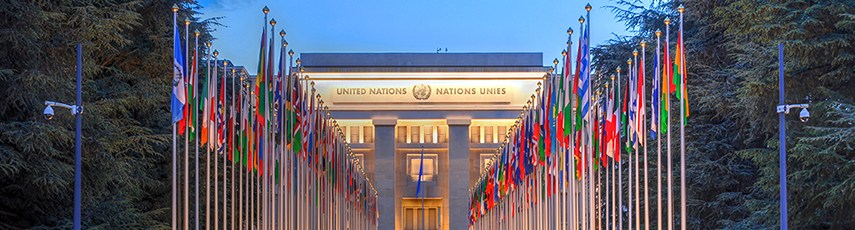 World flags outside the United Nations Geneva at dusk