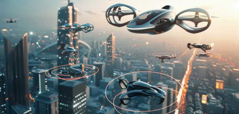 Urban air mobility concept, showing the use of flying cars and drones for personal and cargo transport