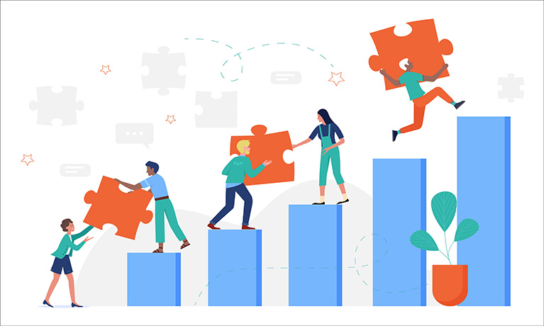 Animated bar chart with people standing on top of the blocks.