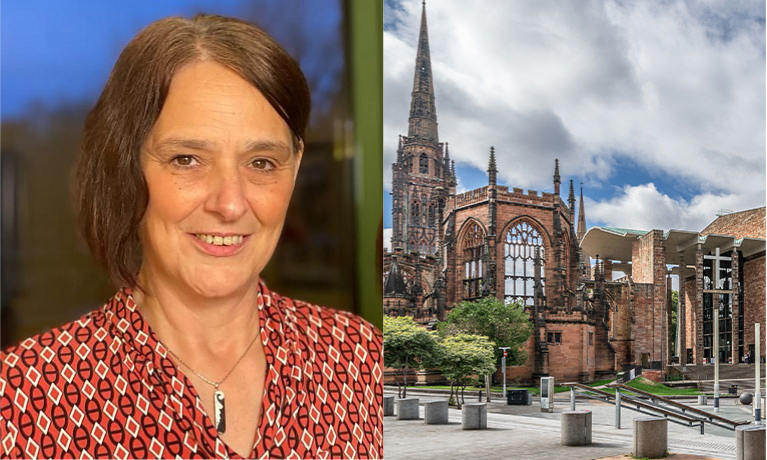 Liz and outdoor view of the Coventry Cathedral 