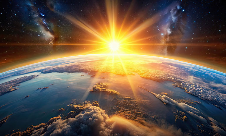 Sunset over the earth in space