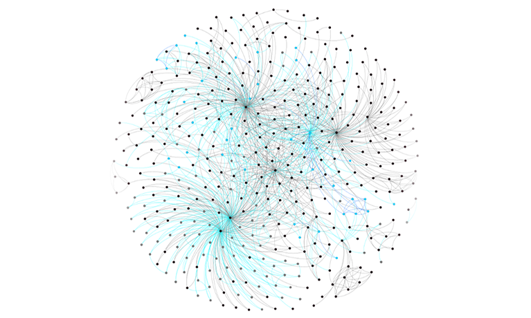 Image by PhD student Maddy Janickyj: The social network of characters and interactions between them harvested from an Irish mythological tale. Black represents male and blue represents female. The image gives a feeling for the importance of females in the narrative.