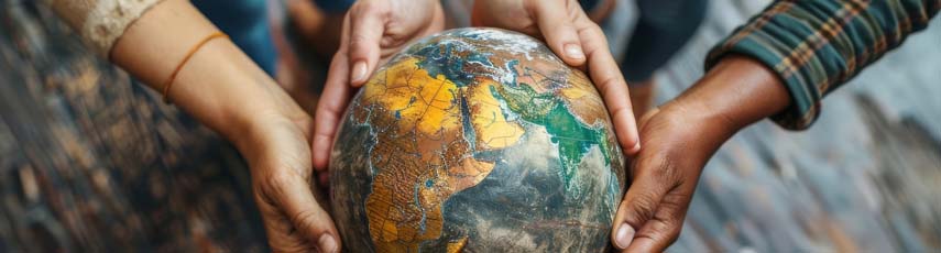 Hands from different cultures and ethnicities jointly holding the Earth, promoting diversity and unity