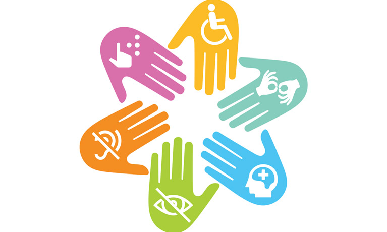 Disability abstract icon, inclusive workplace symbol with rainbow colours and hands