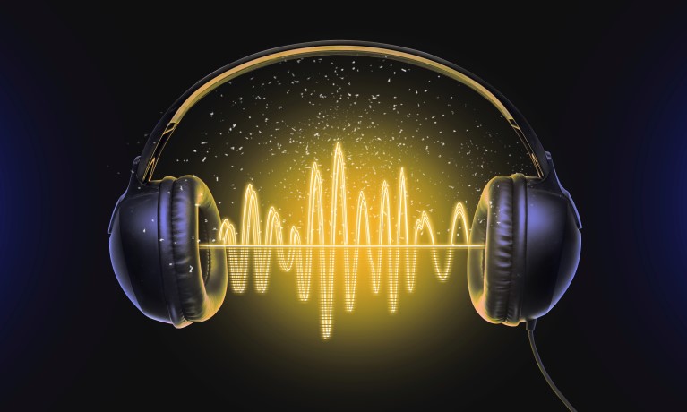 Graphics of headphones with sound waves in between