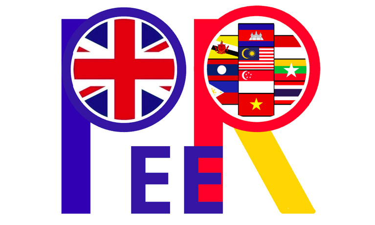 PEER logo using four letters in multi colour design and magnified UK and ASEAN flags