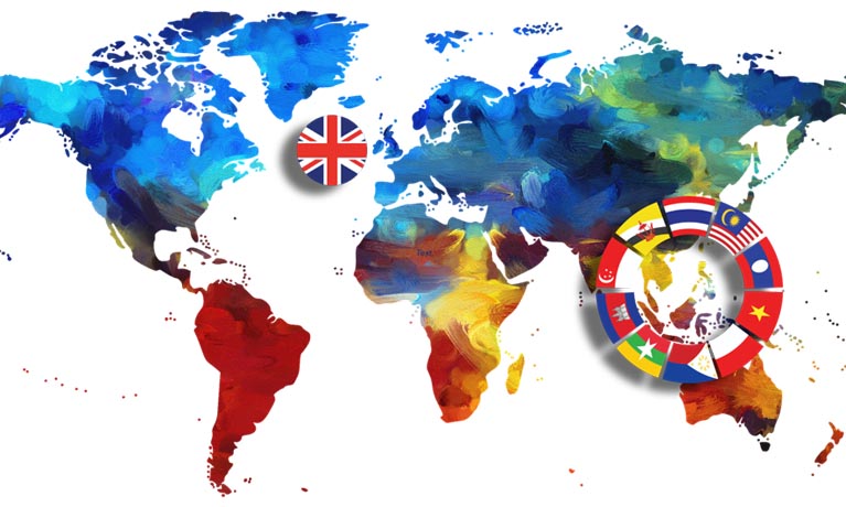 UK and East Asia map with country flag graphic and multi colours