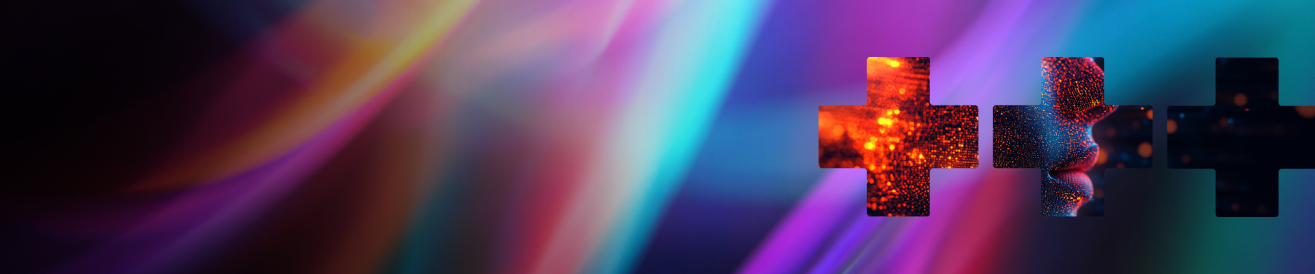 Three multi-colour medical crosses on a dark background with neon lights