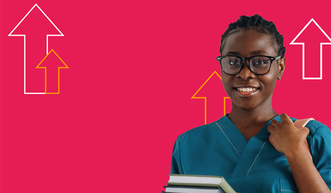 Woman on red background with arrows 