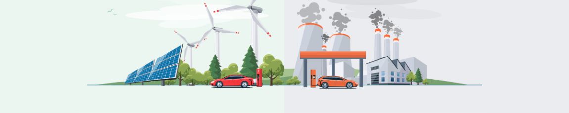 contrasting image with low carbon, electric charging on the right, and carbon use on the right