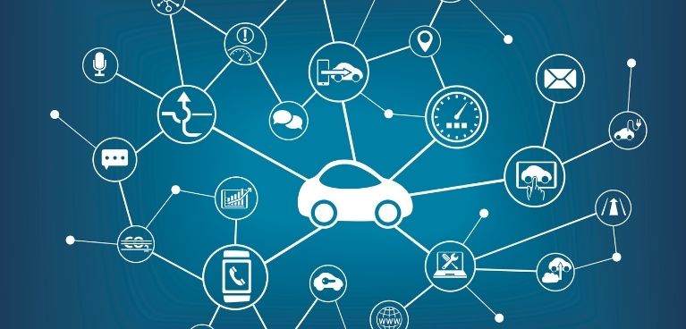 Illustration of car and connected icons on blue background