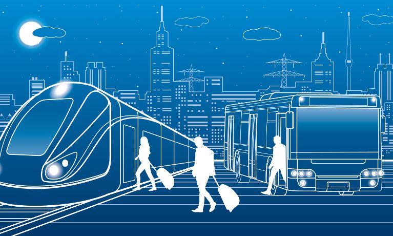 Design art showing passengers entering and exiting busses and planes. The image is blue with white silhouettes