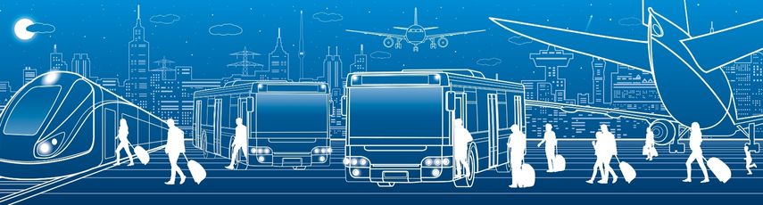 Design art showing passengers entering and exiting busses and planes. The image is blue with white silhouettes
