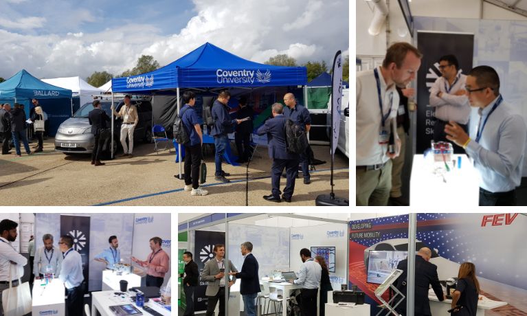 four images showing Coventry University's outdoor stand with a large blue gazebo and Coventry University's indoor stand with people interacting over the battery display items