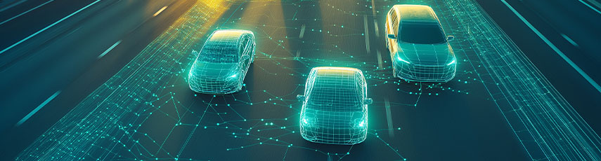 A futuristic depiction of autonomous vehicles navigating a multi-lane highway with data streams