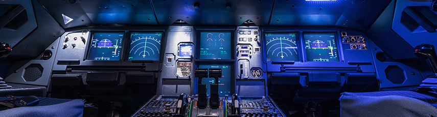 Cockpit view of a commercial aircraft