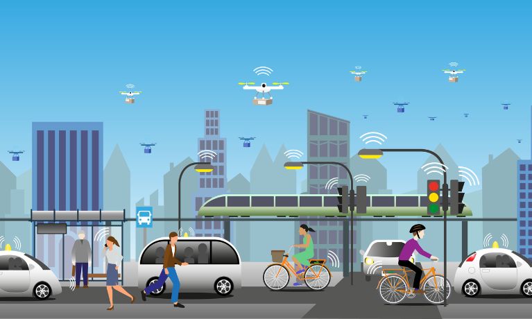 cartoon image of electric transport in a sustainable and IoT connected modern city view.